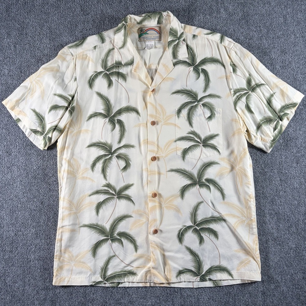 Paradise Found Hawaiian Shirt Men's Medium‎ Cream Green Palm Tree Rayon Aloha